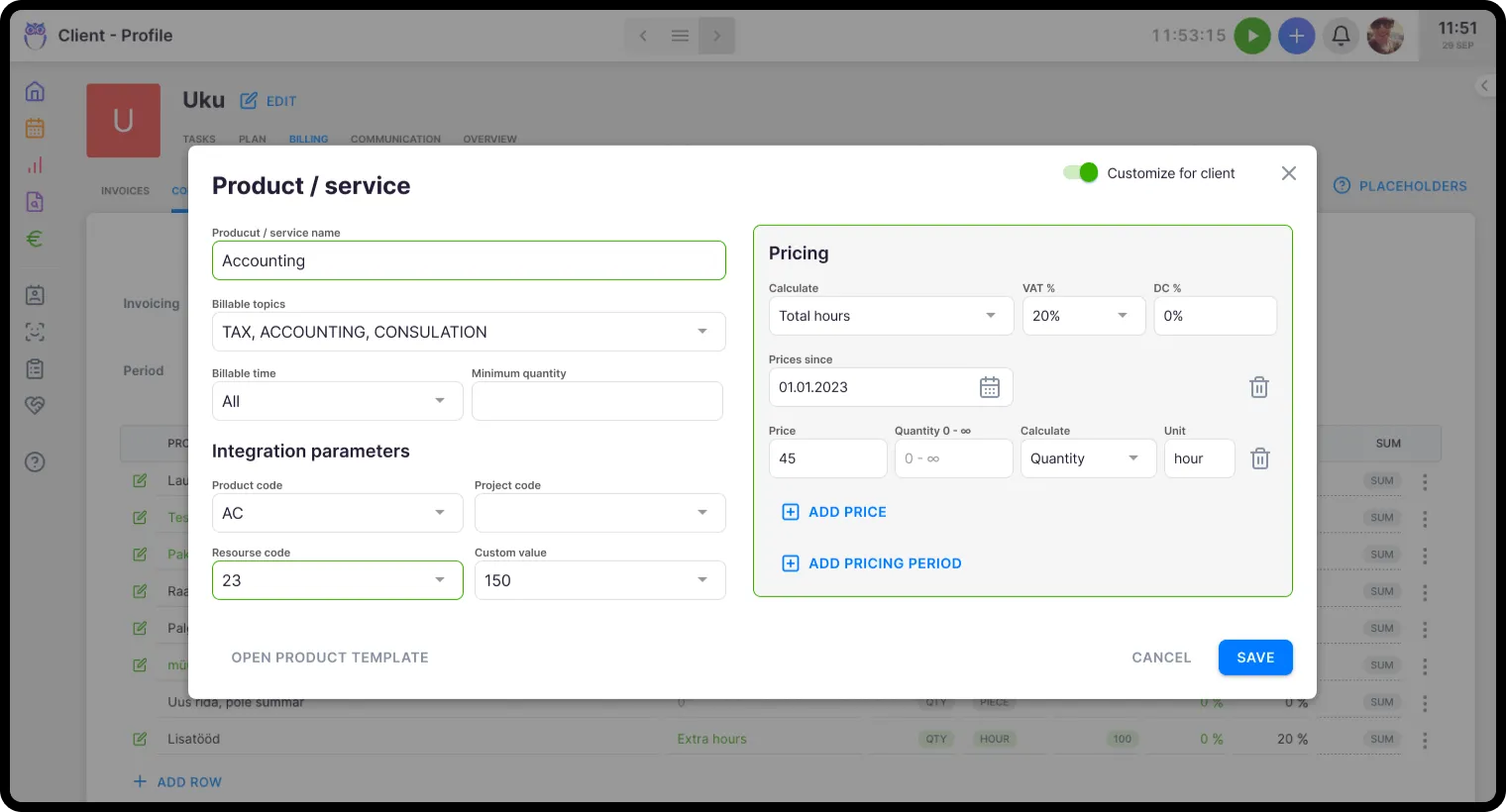 Uku billing screen showing a client product with individual pricing set up
