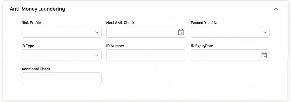 AML compliance fields shown on a contact record, mirroring the client-level fields