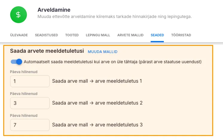 Arveldamise seadetes meeldetuletuste ajakava konfiguratsioon kolme meeldetuletuse pesaga ja päevade sisestusväljadega