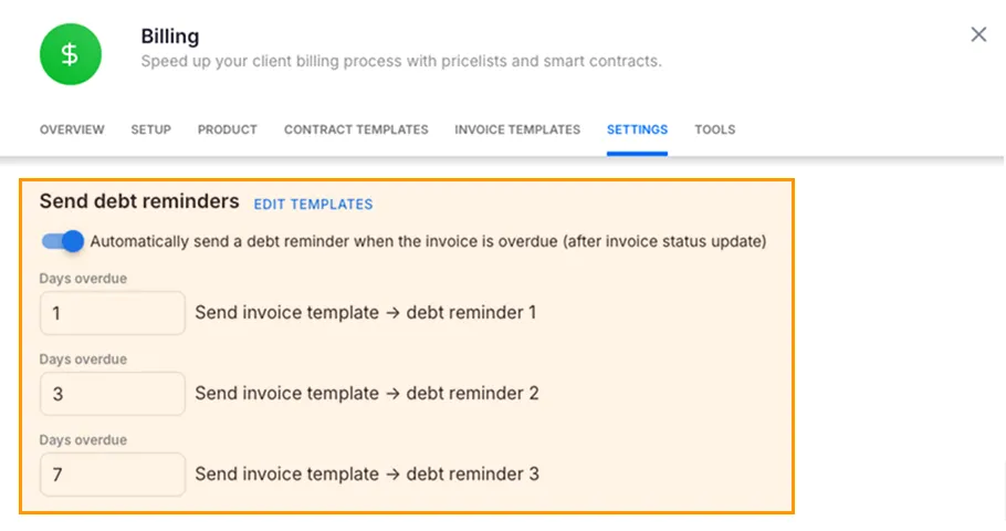 Billing settings showing the debt reminder schedule configuration with three reminder slots and day-count fields