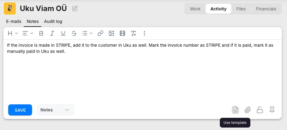 Note template picker open on a client note, listing the available templates