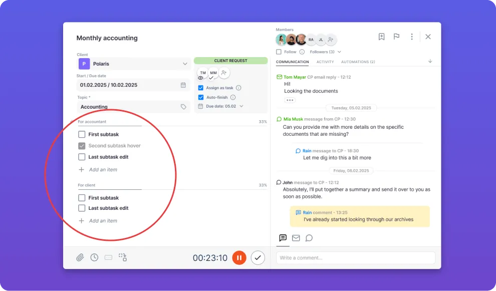 Multi-checklists panel on a Uku task, showing two separate checklists for different members
