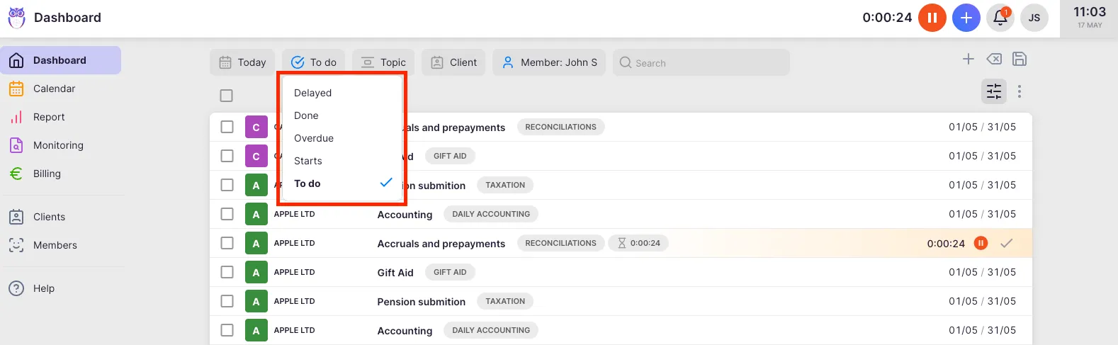 Dashboard with the Task status filter open, showing the All tasks, Todo, Overdue, Delayed, Done, and Archived options