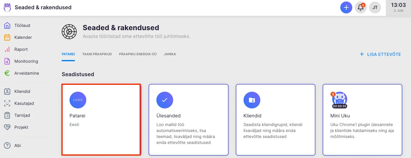 Ettevõtte konto seaded