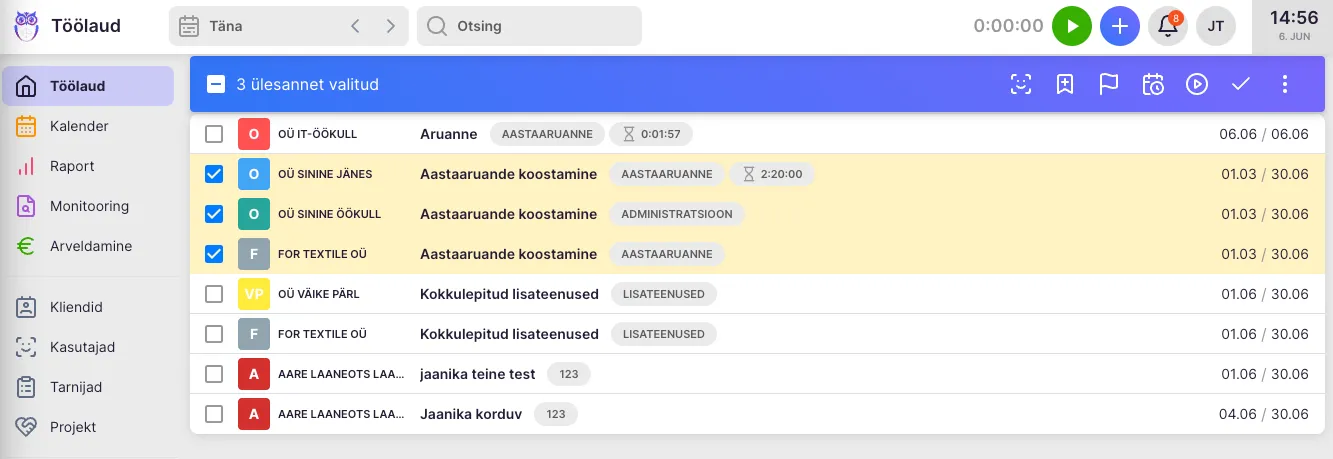 Töölaud hulgivaliku režiimis, kolm ülesannet valitud