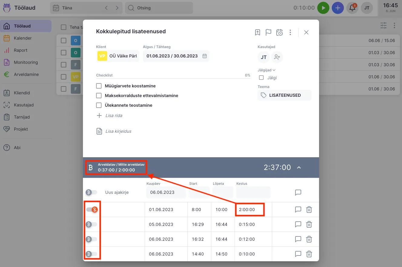 Kuidas määrata arveldatavat ja mittearveldatavat aega?