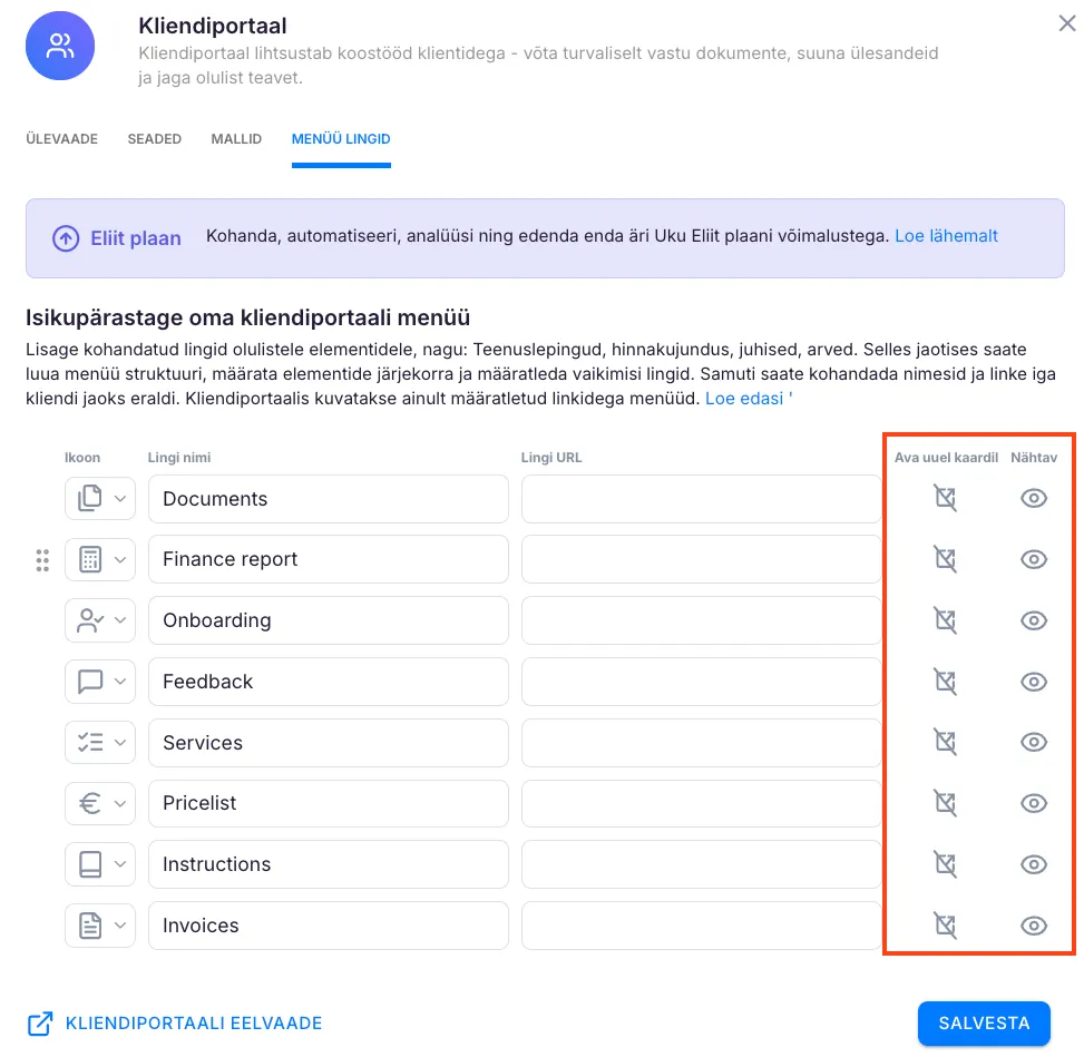 Kliendiportaali võimalused Elite paketis