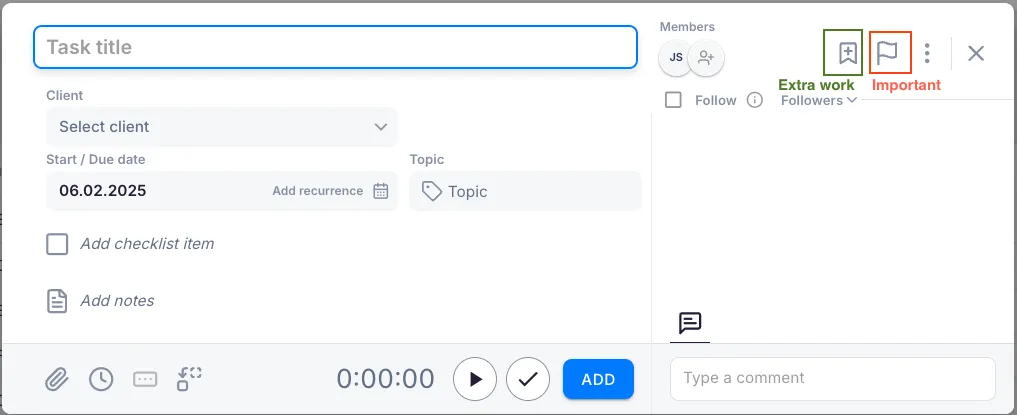 New task window with the Extra work and Important icons