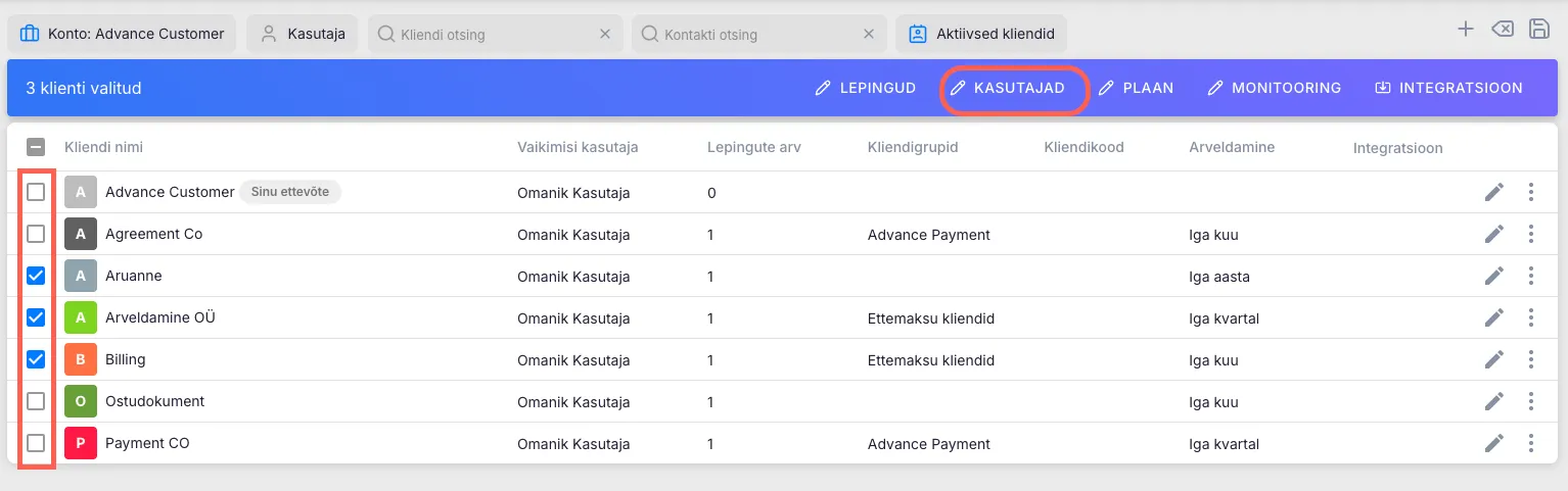 Hulgitoimingud kasutajatega