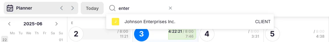 Dashboard header with Planner and Search tools
