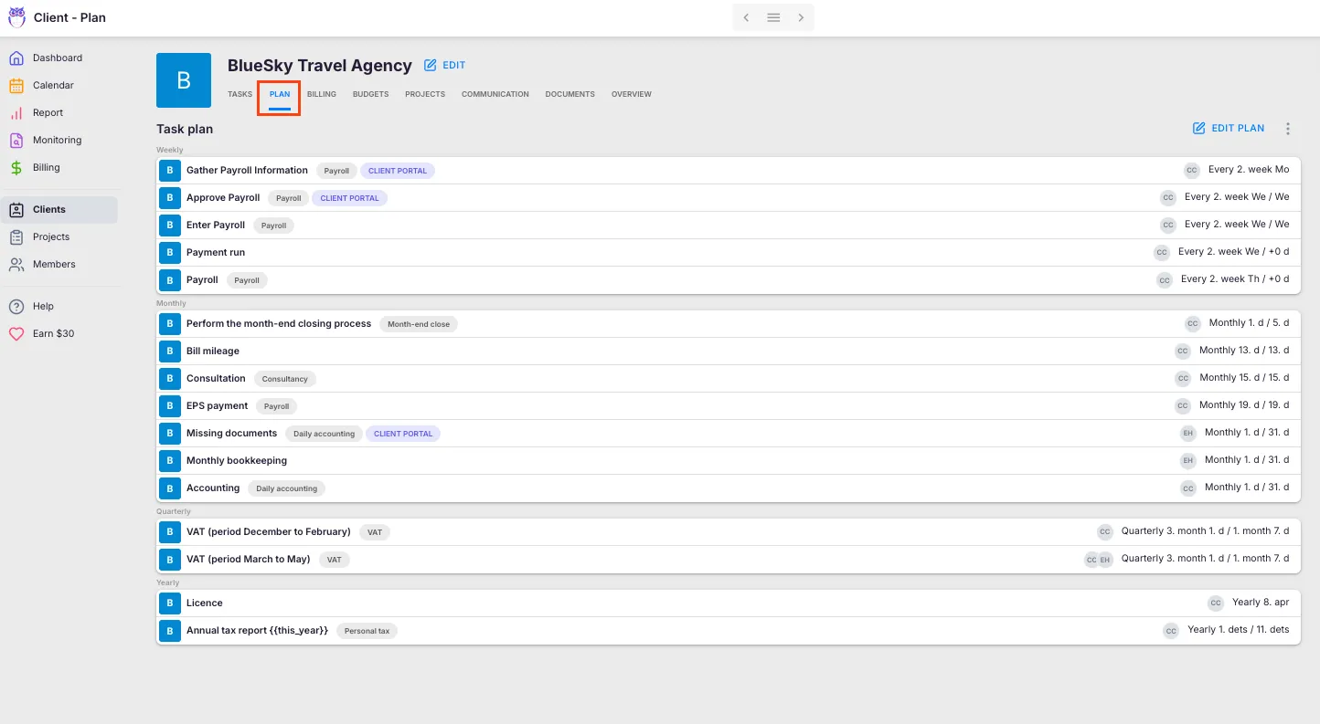 Client profile Workflow tab showing Choose template, Copy from client, and Add task manually options