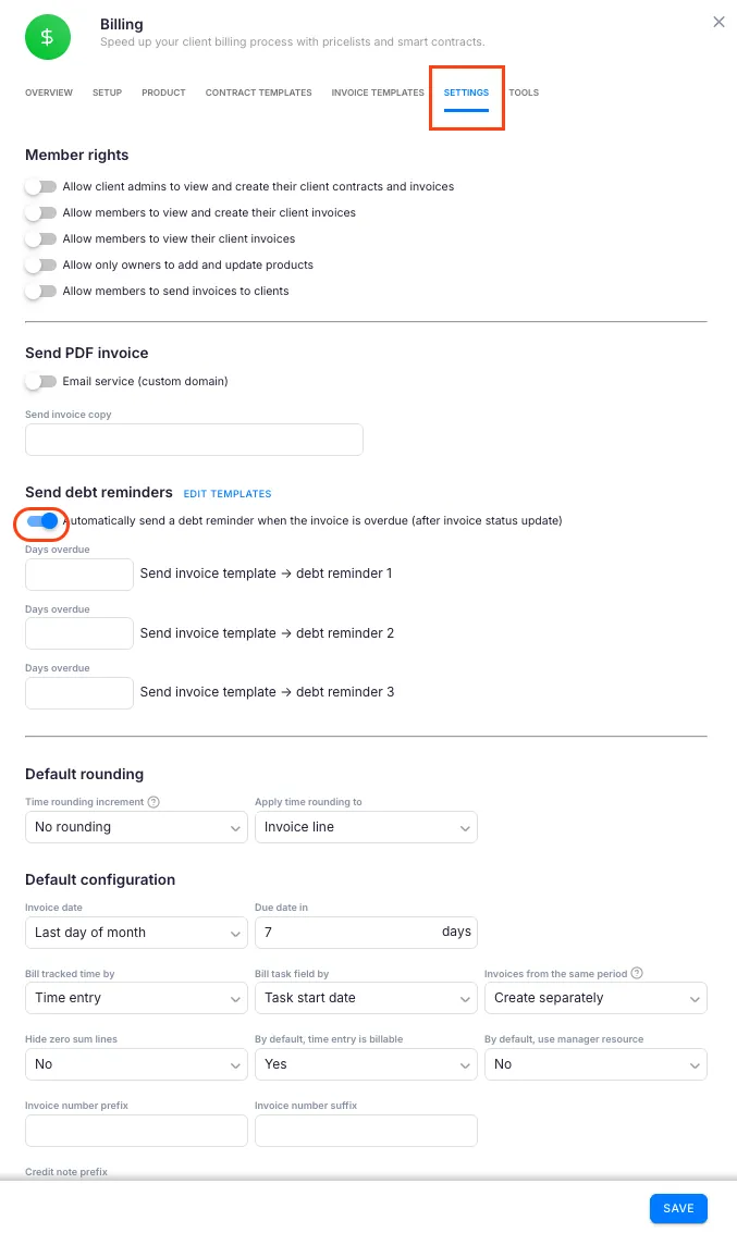 Billing debt reminders settings overview