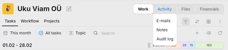 Redesigned client profile with two-level navigation: top tabs for Work, Activities, Files, and Finance