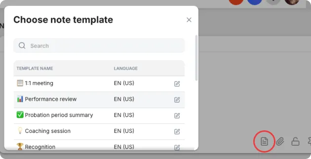 Note templates list for reusing common note structures across clients and projects