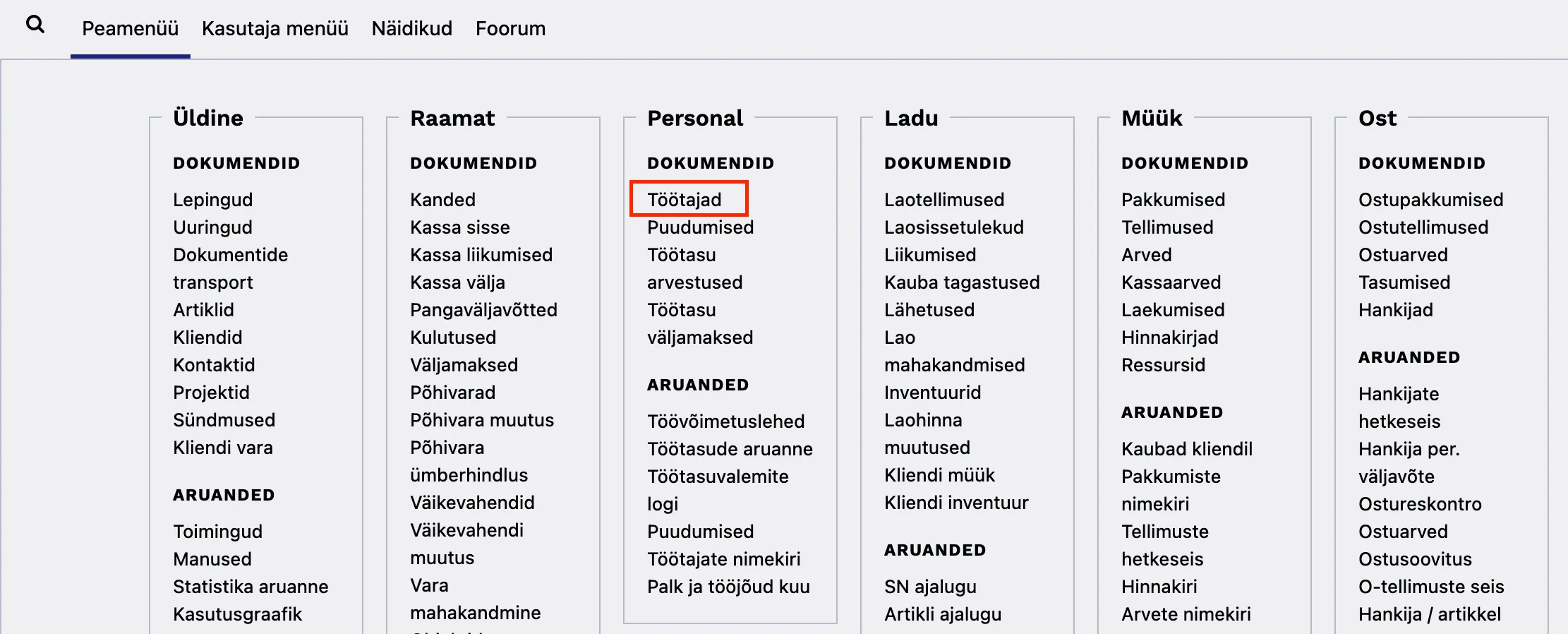 Ava Directos Personal menüü ja vali Töötajad