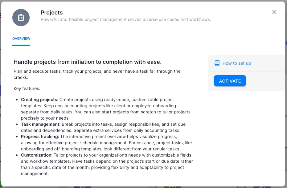 How to activate and set up the Projects app