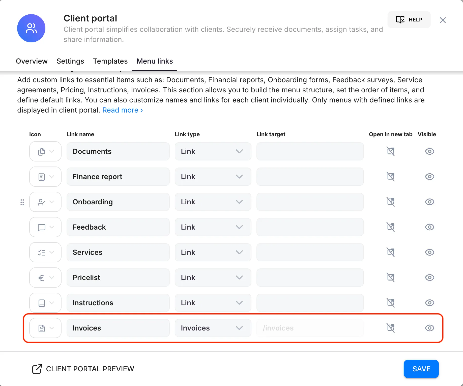 Adding an Invoices menu link in Client Portal settings, with the link type set to Invoices