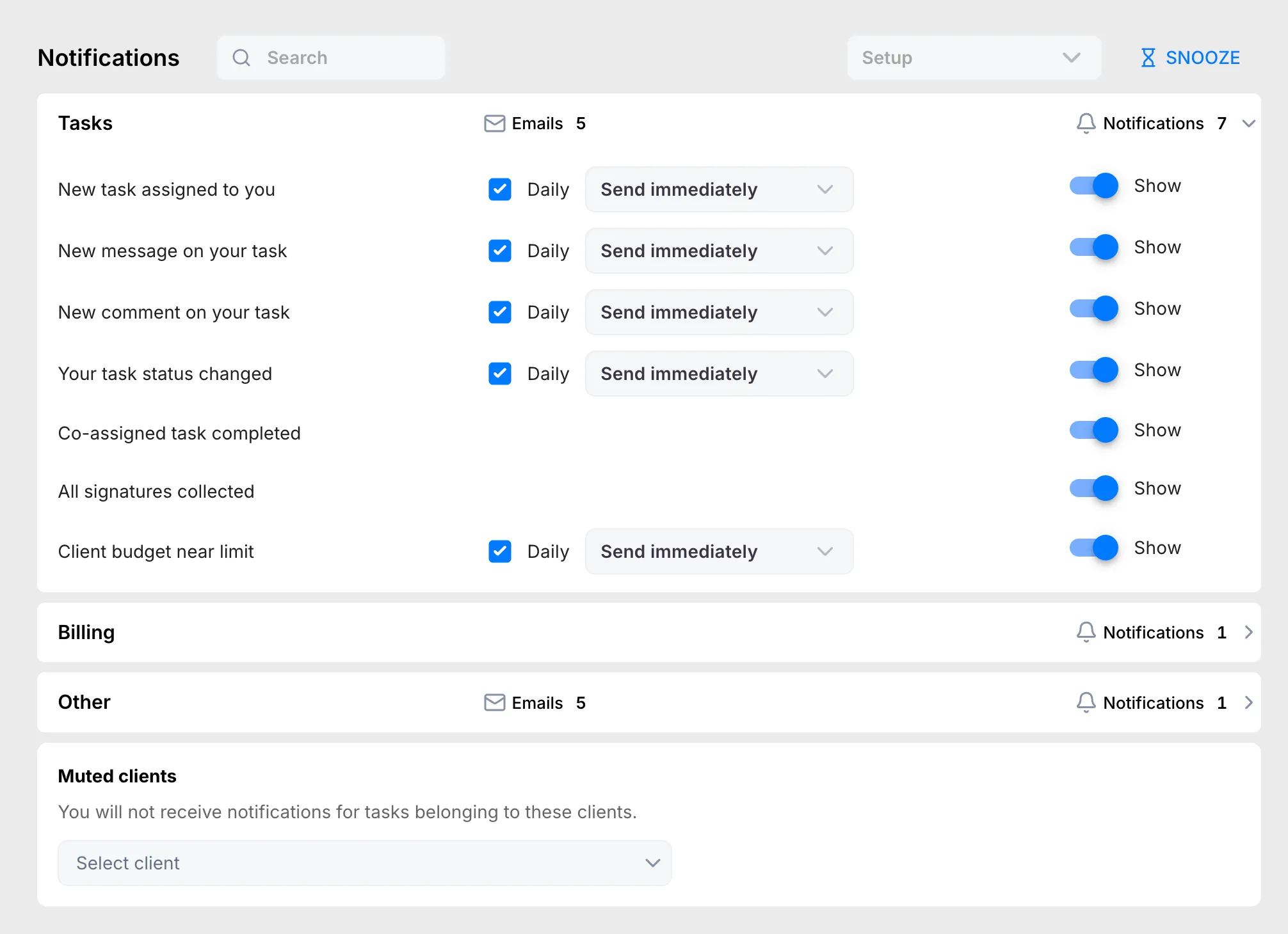 The Notifications section of your profile, with the search box, the Setup dropdown, Snooze, and the Tasks group expanded to show each notification's email and bell settings