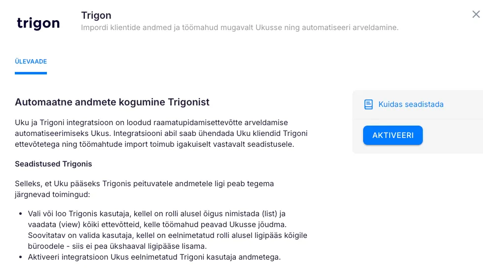 Aktiveeri Trigon Uku seadetes