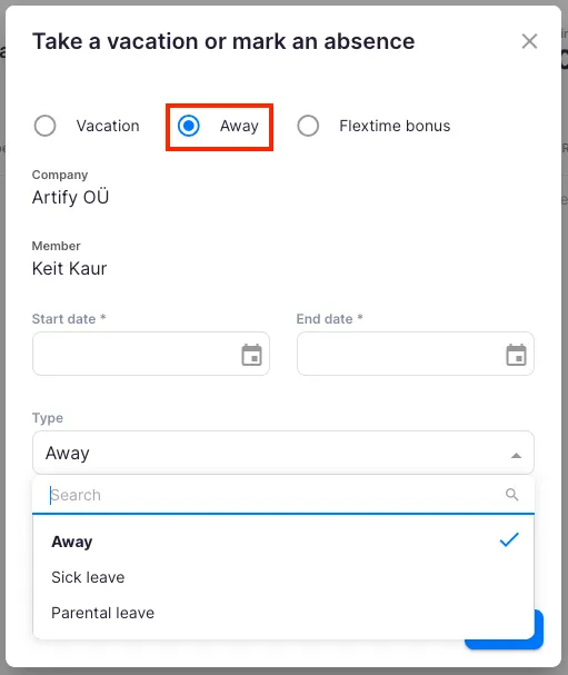 Vacation dialog with Away type selected and the dropdown showing Sick leave and Parental leave options