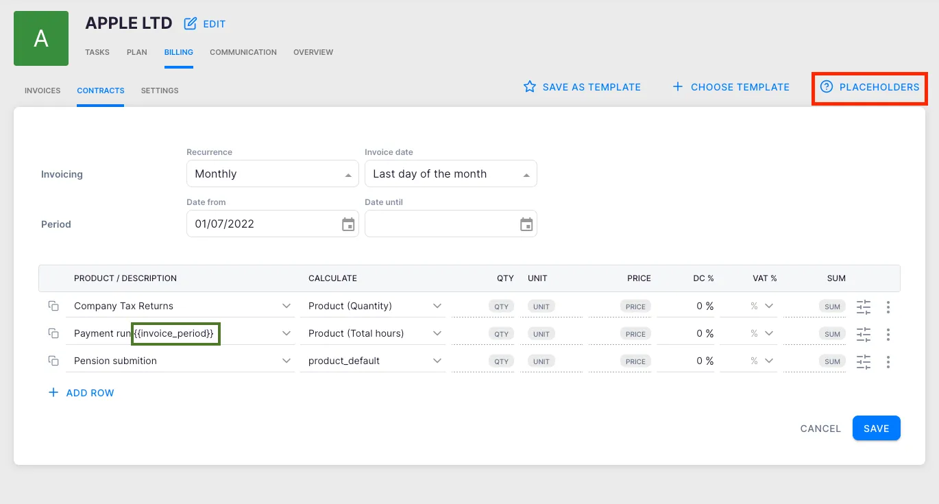 Contract row with {{invoice_period}} placeholder used in the description