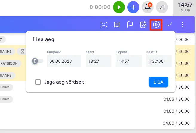 Hulgitoimingute riba koos Lisa aeg ikooniga