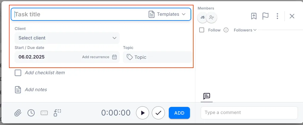 New task window with the four required fields highlighted