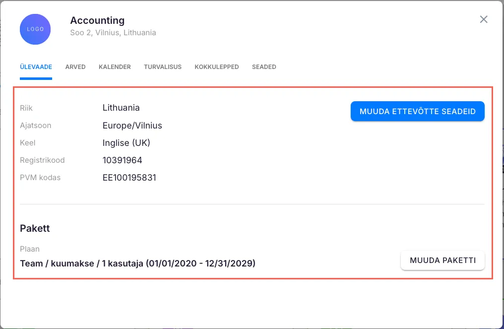 Ettevõtte konto seaded