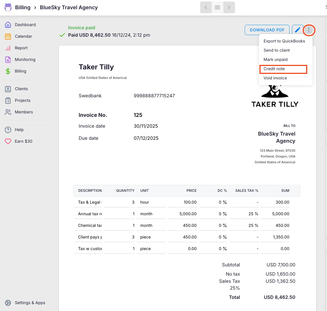 Invoice with the three-dot menu open and Credit note highlighted