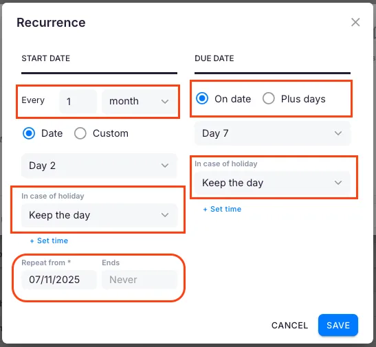 Monthly due date configuration with options for specific date and plus-days calculation