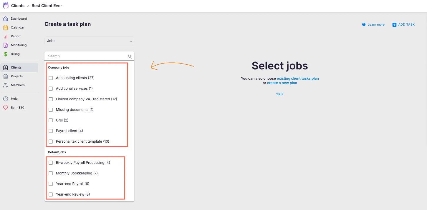 Choose template dialog with template list and Repeat tasks from selector