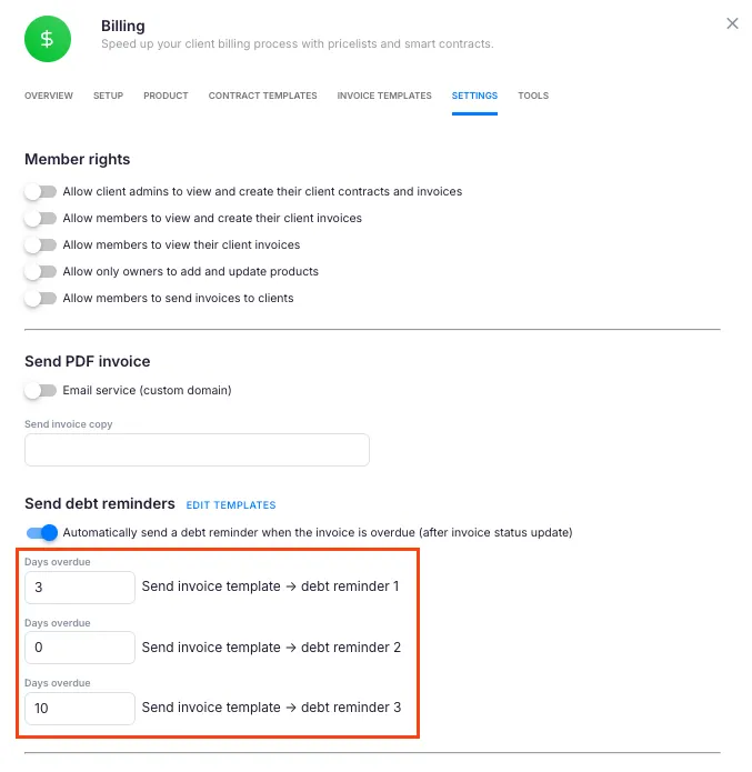 Reminder timing configuration showing 3 reminder levels