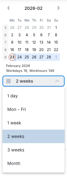 Calendar view selector set to show 1, 3, 5, 7 days or a full month