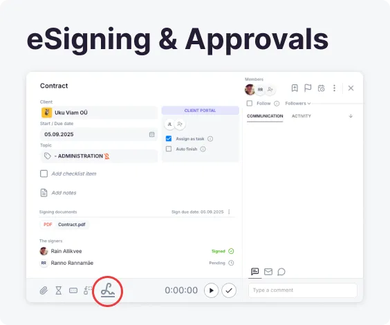 The eSigning and approvals panel on a Uku task, showing signature status