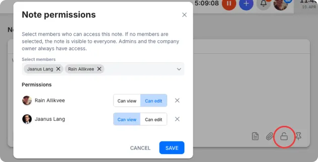 Per-note access control settings for who can view or edit a note