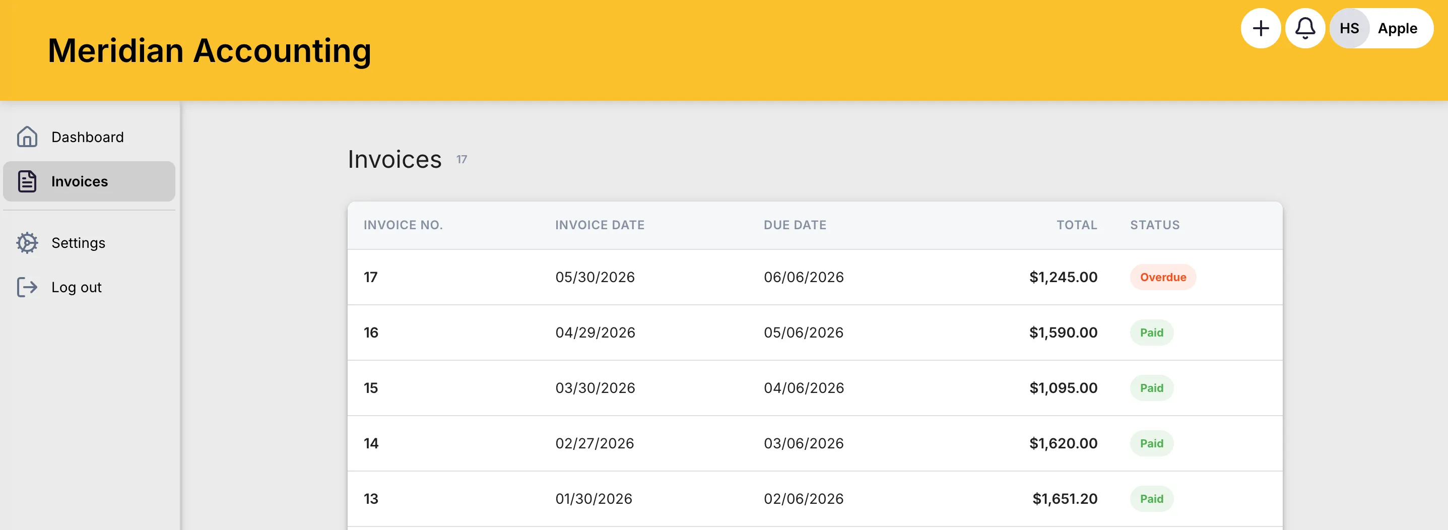 Client Portal invoice list showing invoice number, invoice date, due date, total, and paid or overdue status