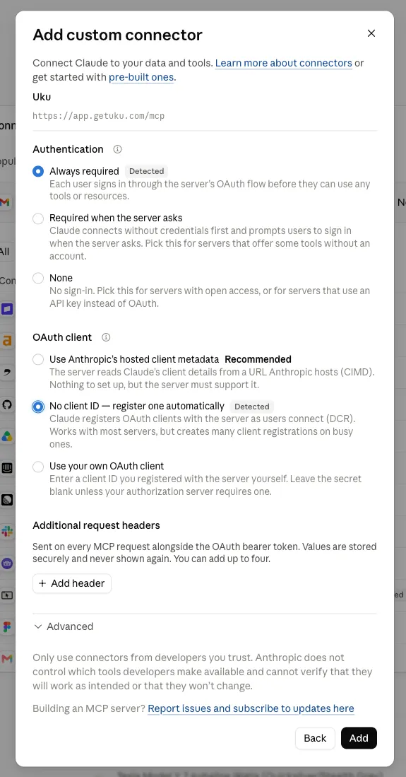 Claude's Authentication and OAuth client choices for the Uku connector, both marked Detected