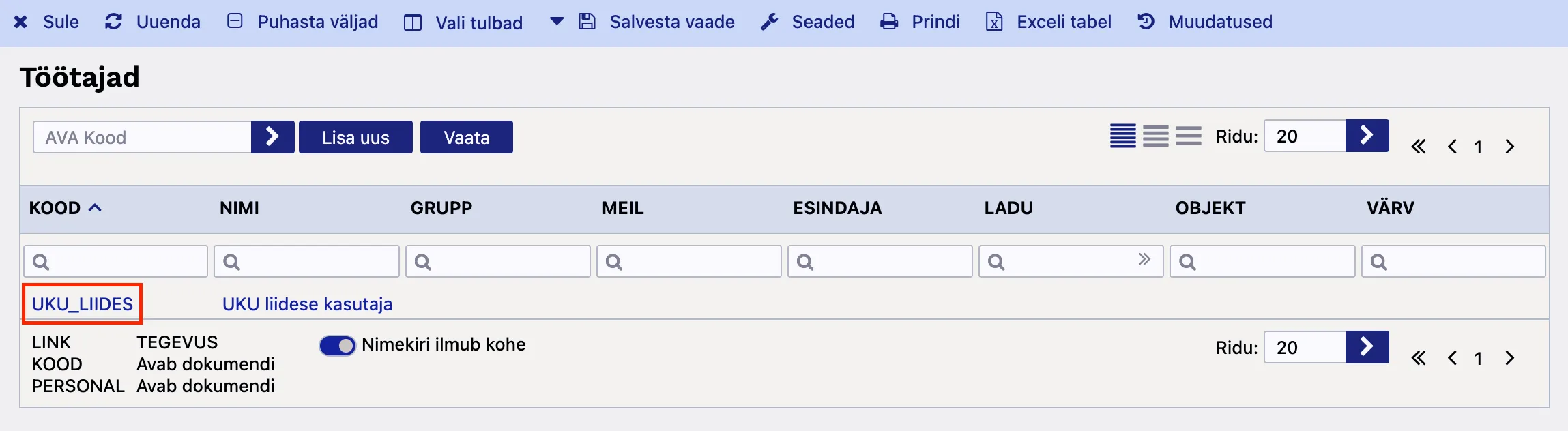 Klõpsa töötaja Koodi veerus oleval nimetusel