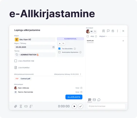 e-allkirjastamise ja kinnituste paneel Uku ülesandel, kus on näha allkirjade staatus