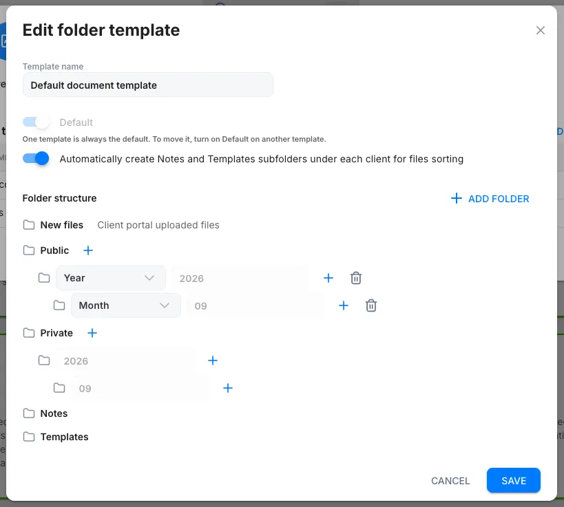 The folder template editor, with the Public, Private, Notes and Templates branches and automatic year and month folders