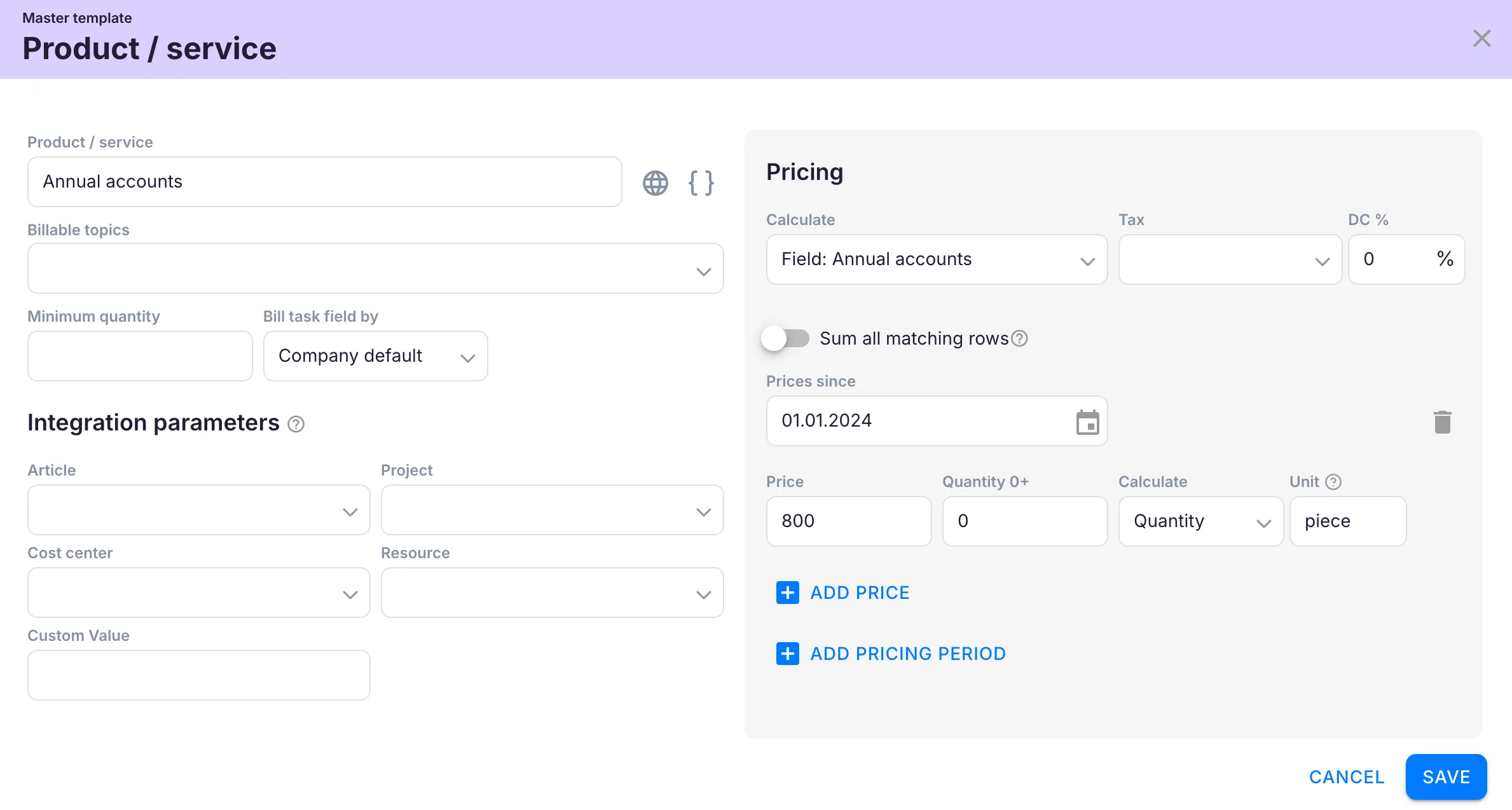 Product/service master template form for a task-triggered product