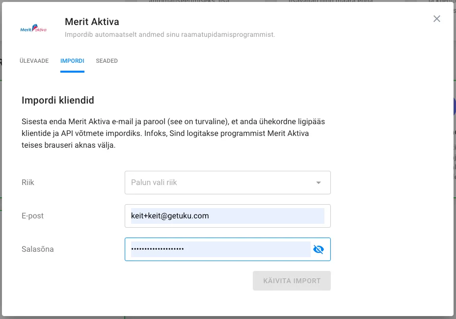Merit Aktiva e-posti ja parooli impordidialoog
