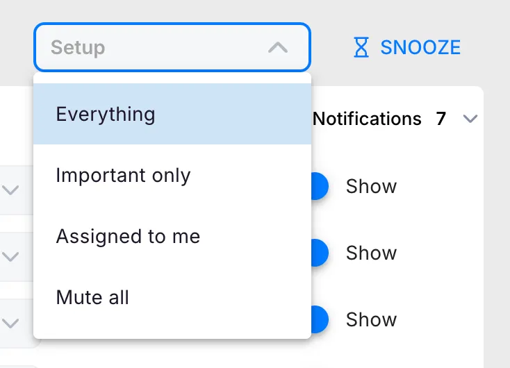 The Setup dropdown open, listing the Everything, Important only, Assigned to me and Mute all presets