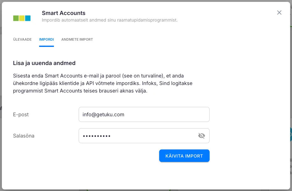 SmartAccounts email and password import dialog