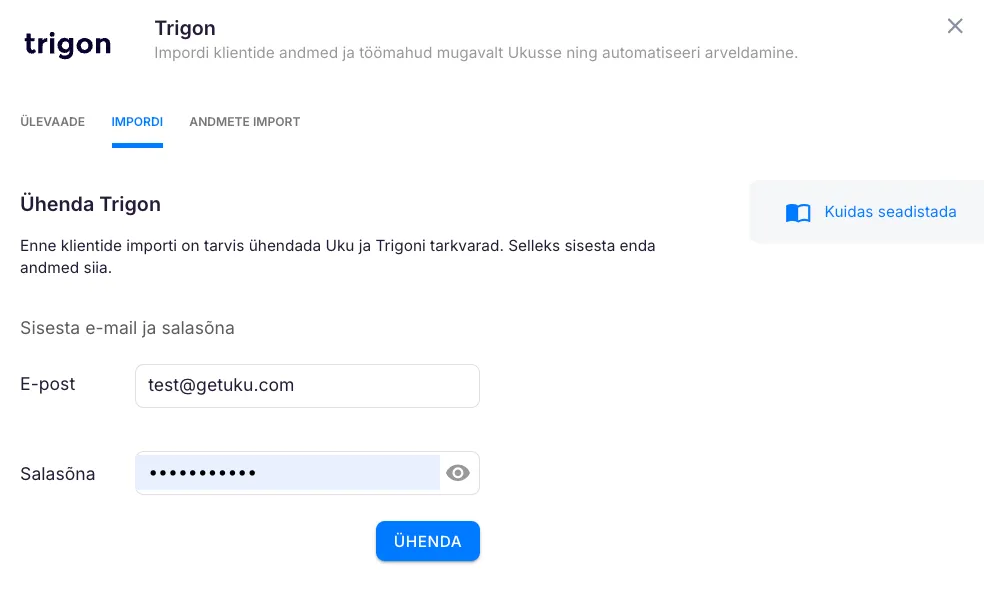 Trigoni e-posti ja parooli sisestamine Ukus