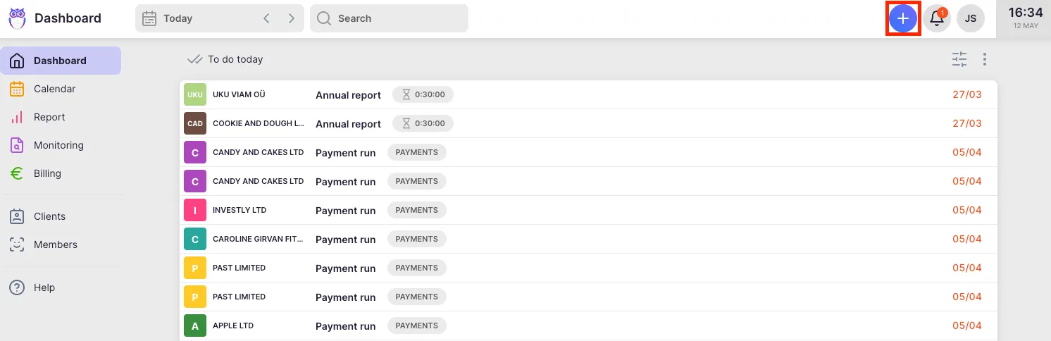 Dashboard with the + button highlighted in the header