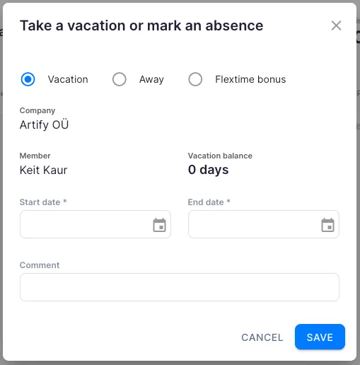 Take a vacation or mark an absence dialog with Vacation type selected