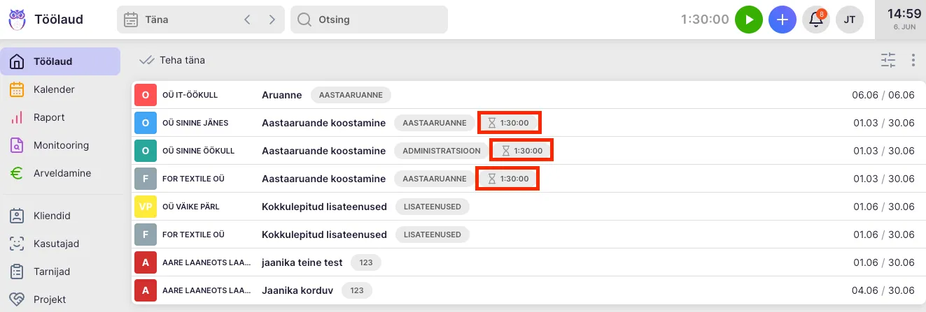Aja sisestamise dialoog kestuse väljaga