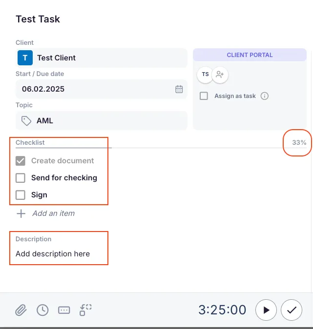 Task with the Checklist showing 33% progress and the Description field highlighted