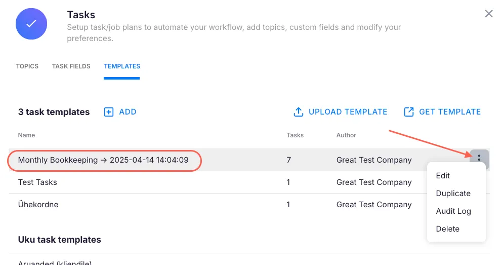 Templates section in Settings with the Upload template button
